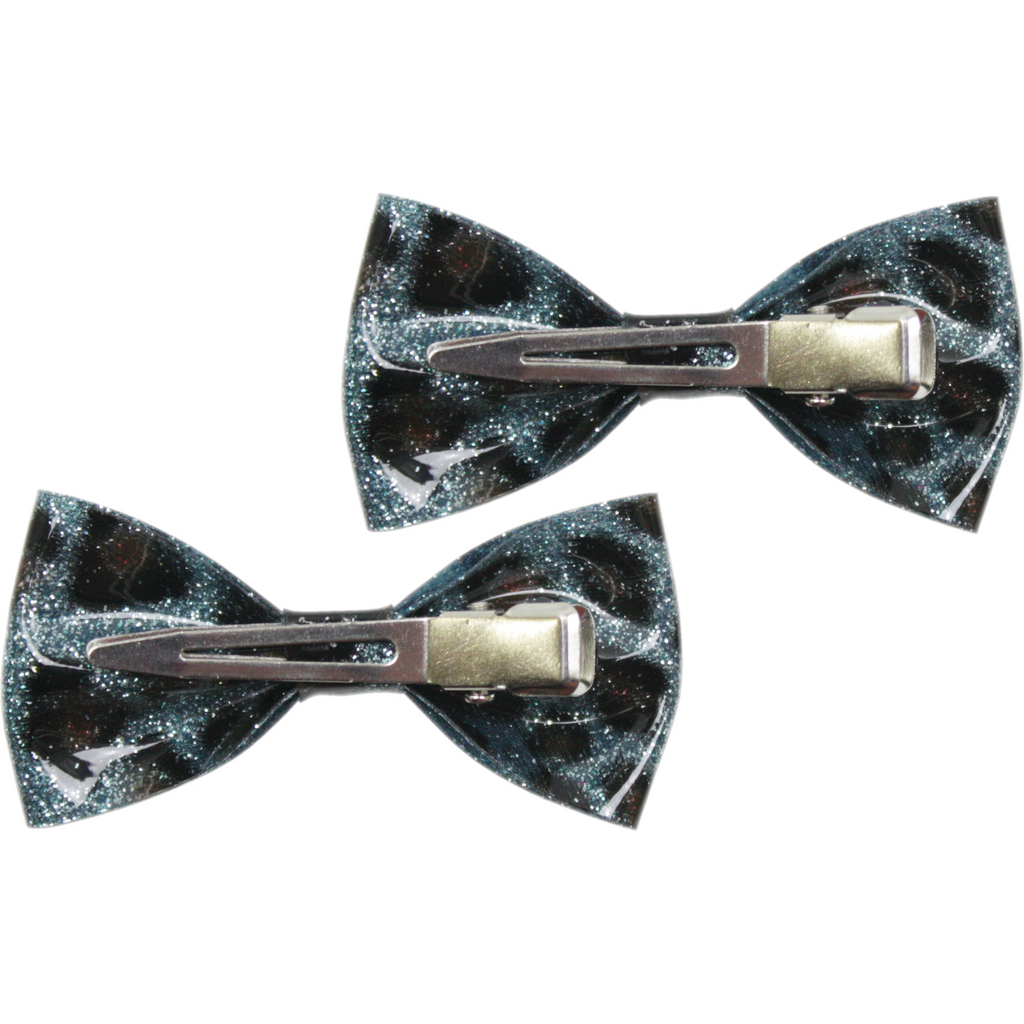 Sourpuss Blue Leopard Glitter Hair Bows Set of 2 | Rockabilly Hair Accessories Leopard Print Hair Clips