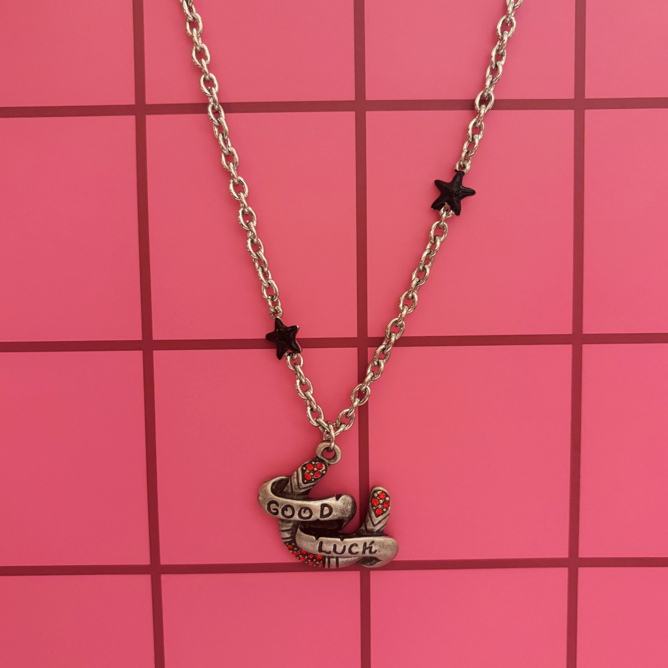 Sourpuss "Good Luck” Horseshoe Necklace with Red Rhinestones & Black Star Charms