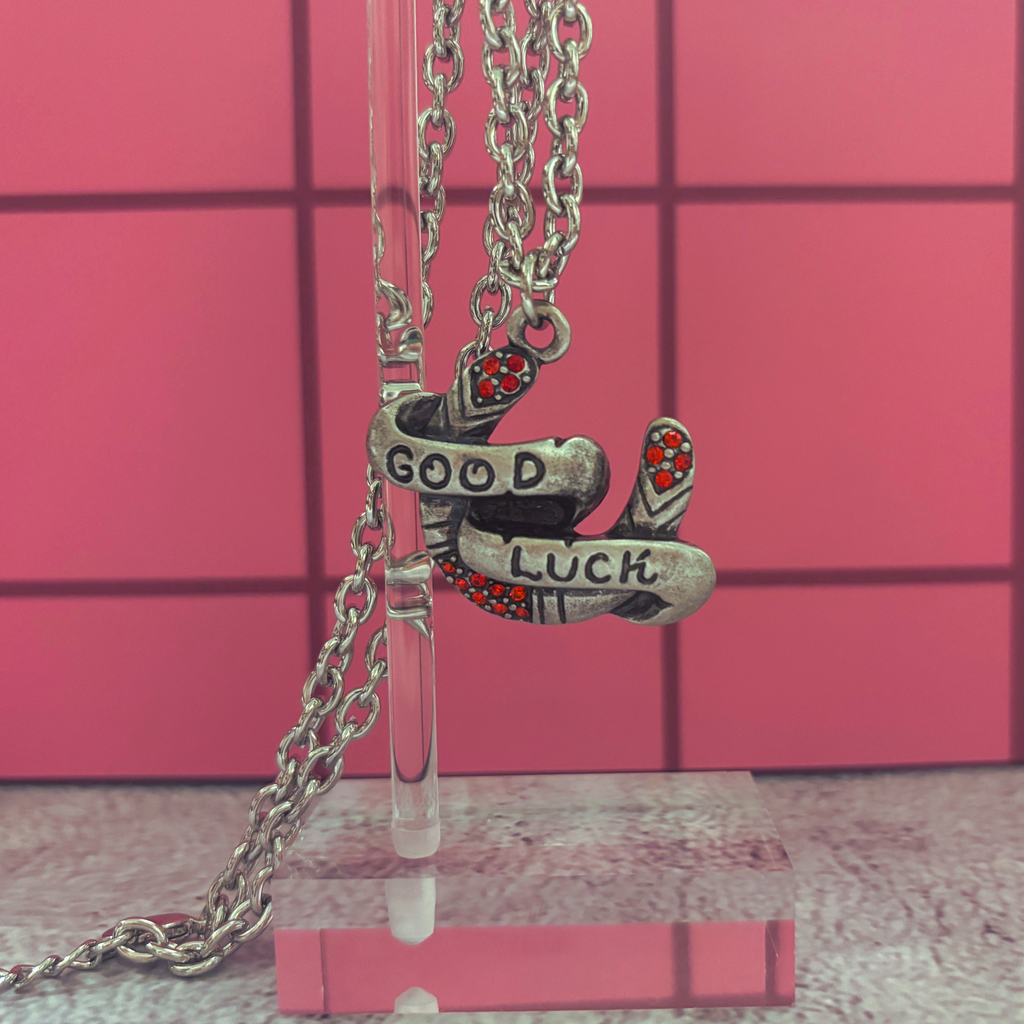 Sourpuss "Good Luck” Horseshoe Necklace with Red Rhinestones & Black Star Charms