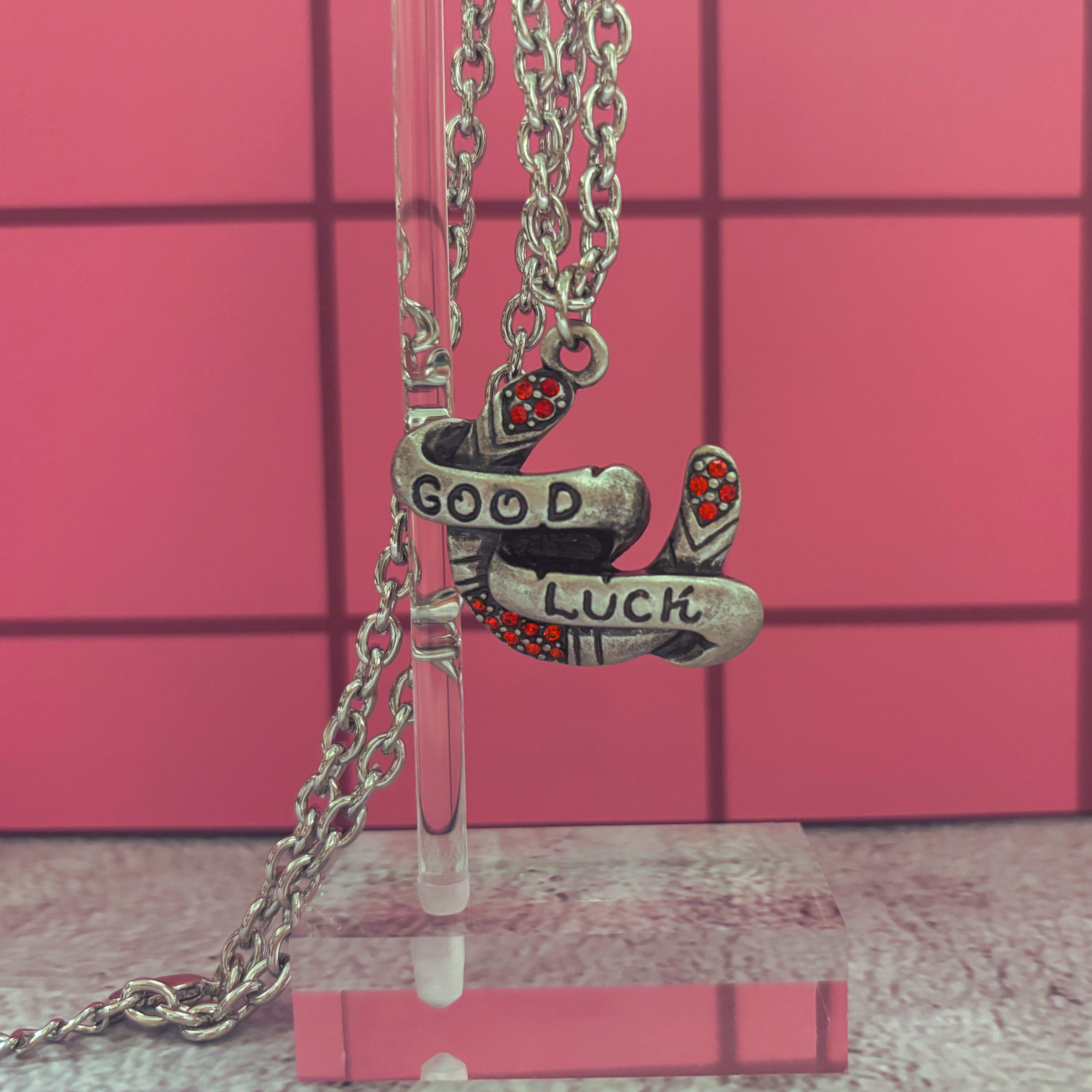 Sourpuss "Good Luck” Horseshoe Necklace with Red Rhinestones & Black Star Charms