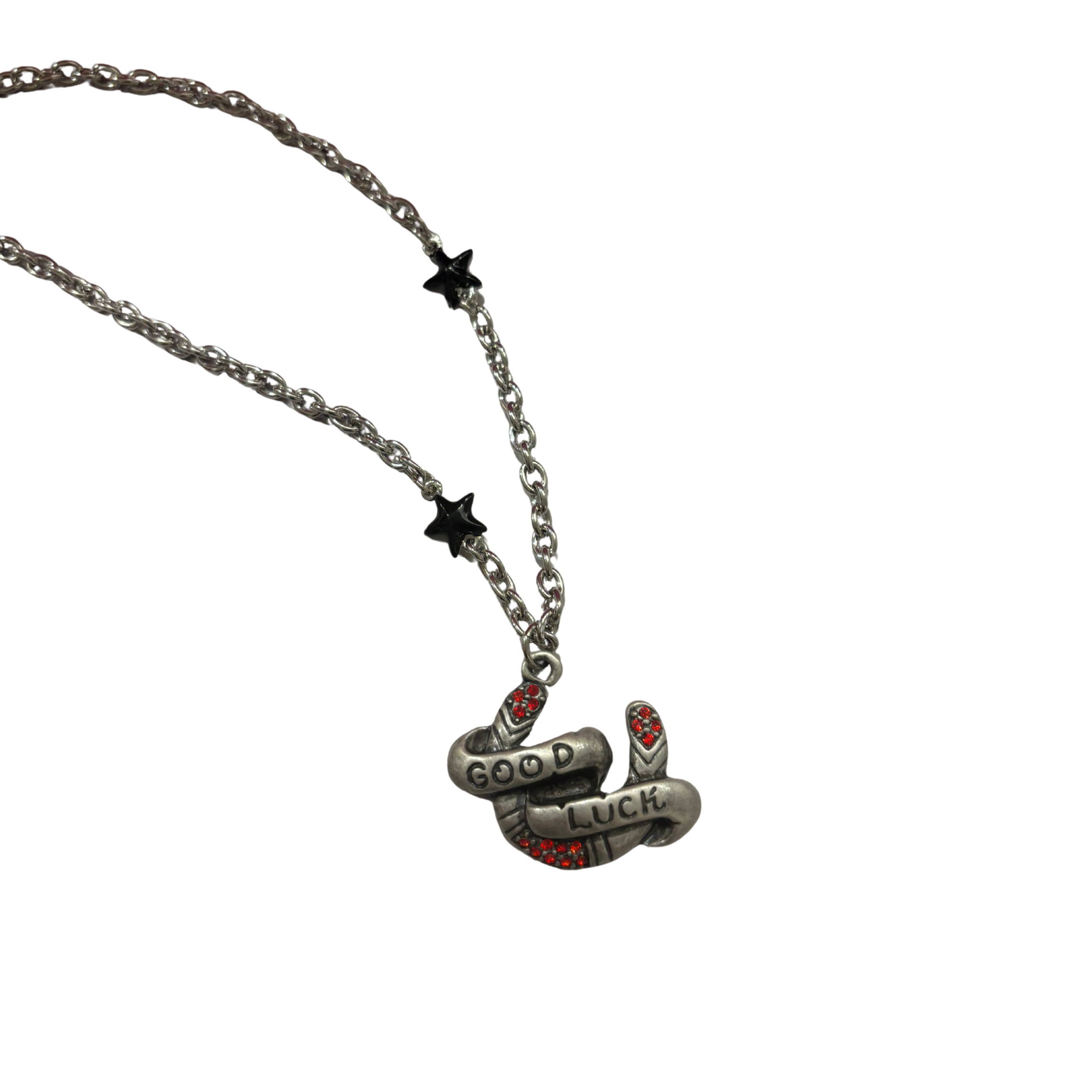 Sourpuss "Good Luck” Horseshoe Necklace with Red Rhinestones & Black Star Charms
