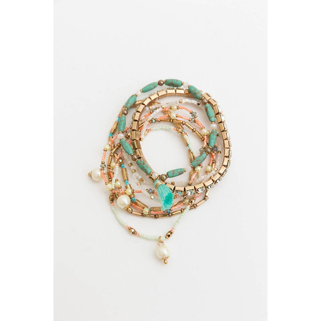 Sweet Pastel Studded Beads Stack of 9 Layering Bracelets | Beads and Studs Bohemian Inspired Jewelry
