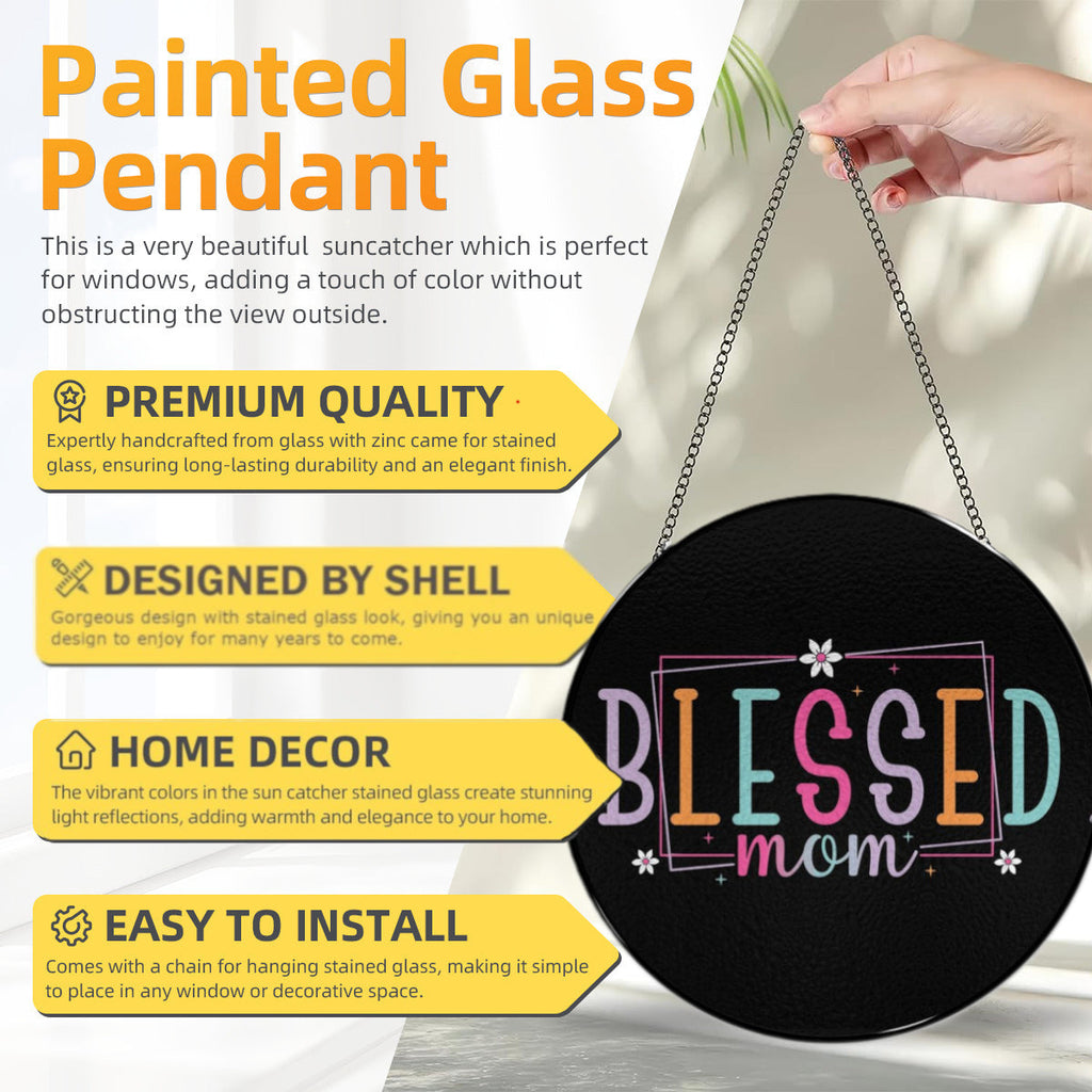 Blessed Mom Black Glass Suncatcher with Chain