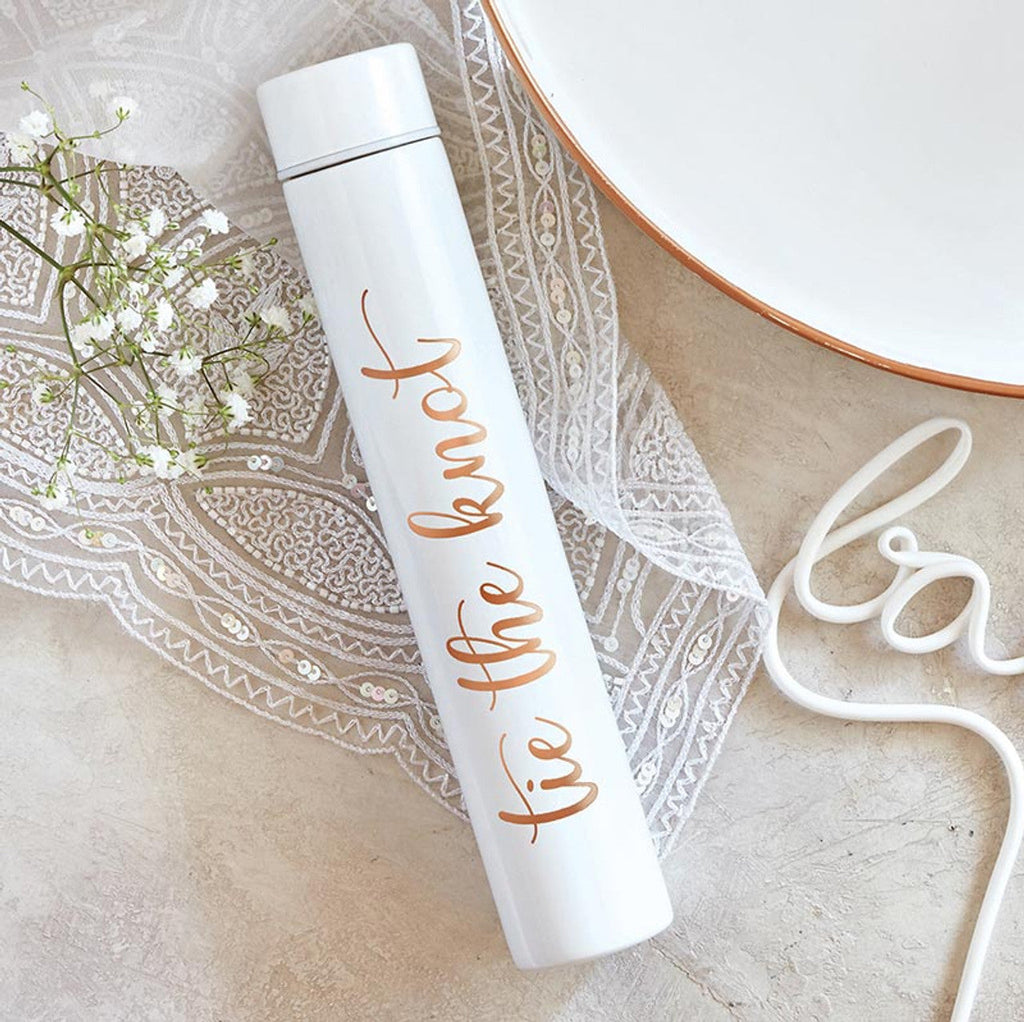 Tie The Knot Flask Bottle in White | Insulated Stainless Steel Wedding or Bridesmaid Gift
