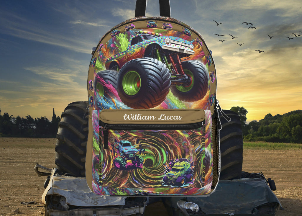 Monster Truck Backpack — Personalized  Name Kids School Bag with Neon Swirl Design
