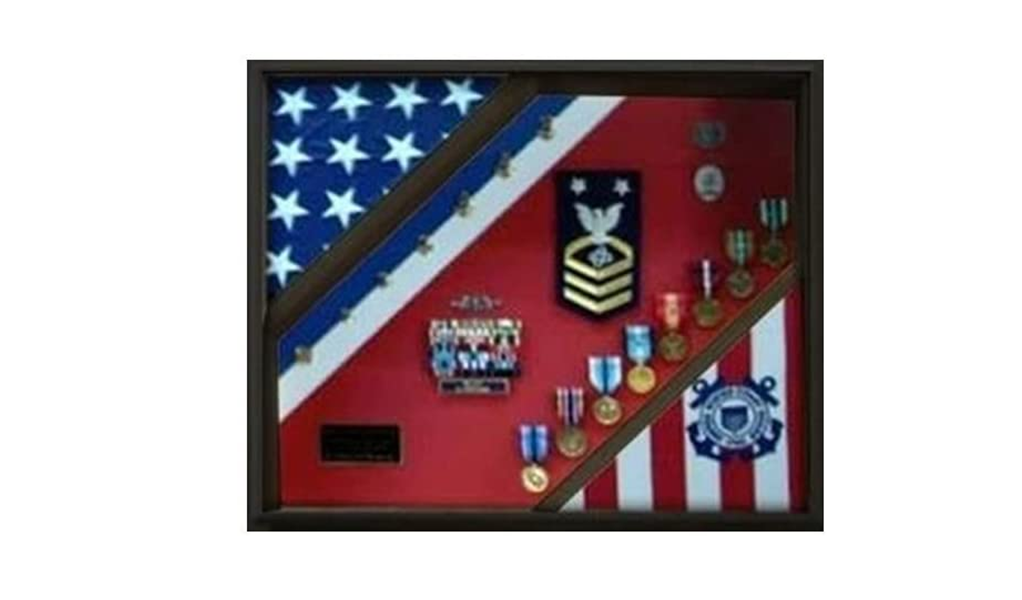 2 Flag Display Case, Coast Guard Gifts, USCG, Shadow Box, Coast Guard Cutter - Walnut