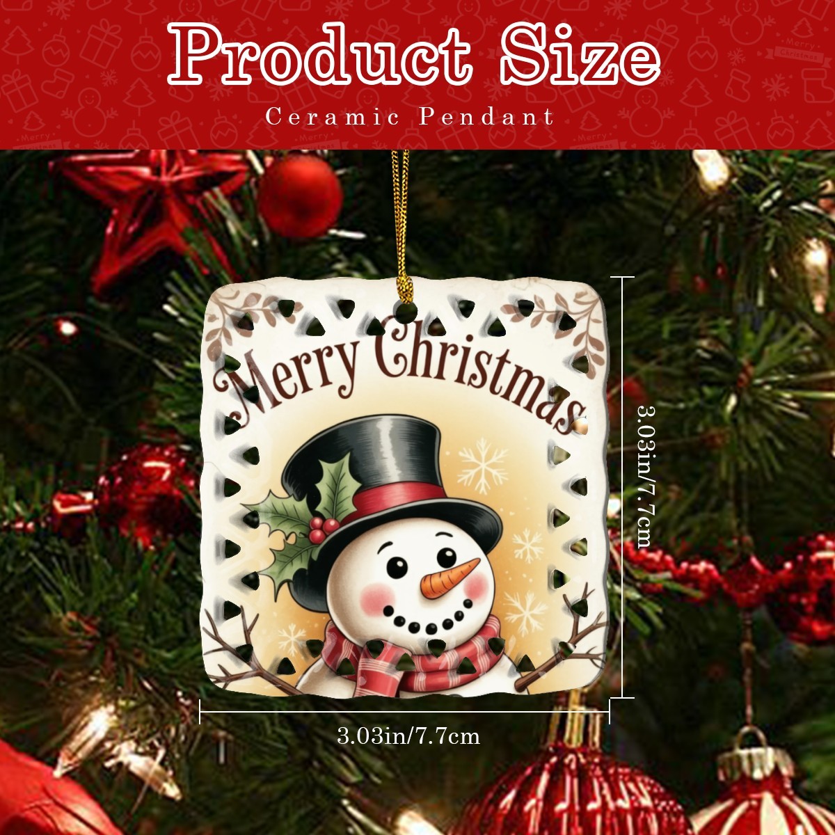 Vintage Merry Christmas Snowman Cutout Square Ceramic Ornament