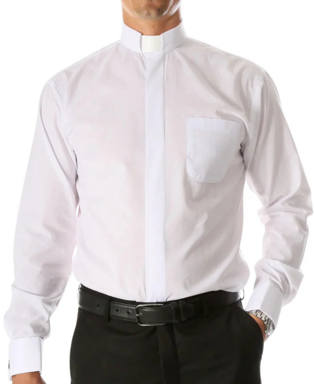 White Clergy Deacon Bishop Priest Mandarin Half tab Collar Dress Shirt