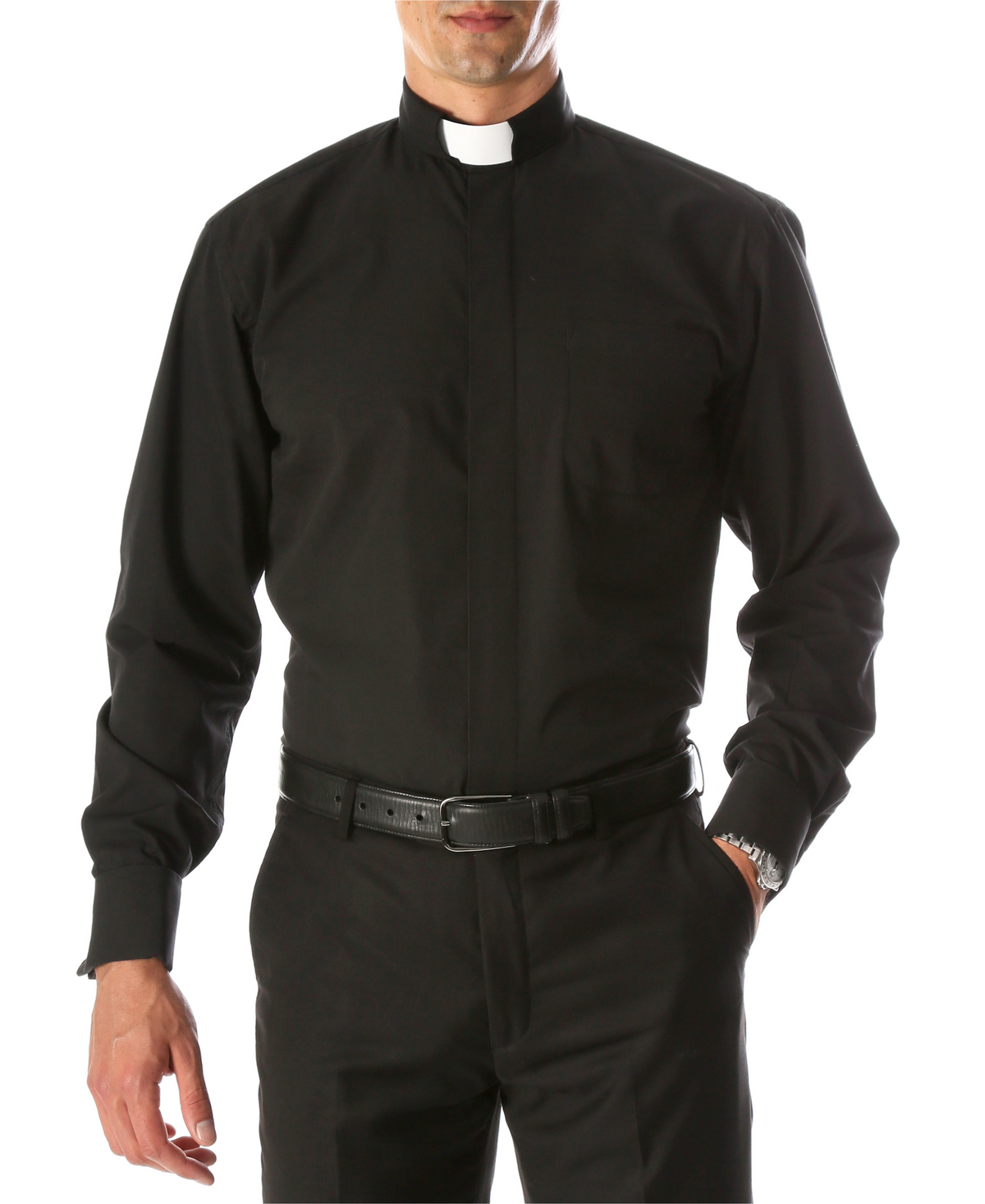 Men's Black Clergy Shirt - Tab Collar, Long Sleeve, French Cuff | Pastor, Priest, Deacon, Bishop