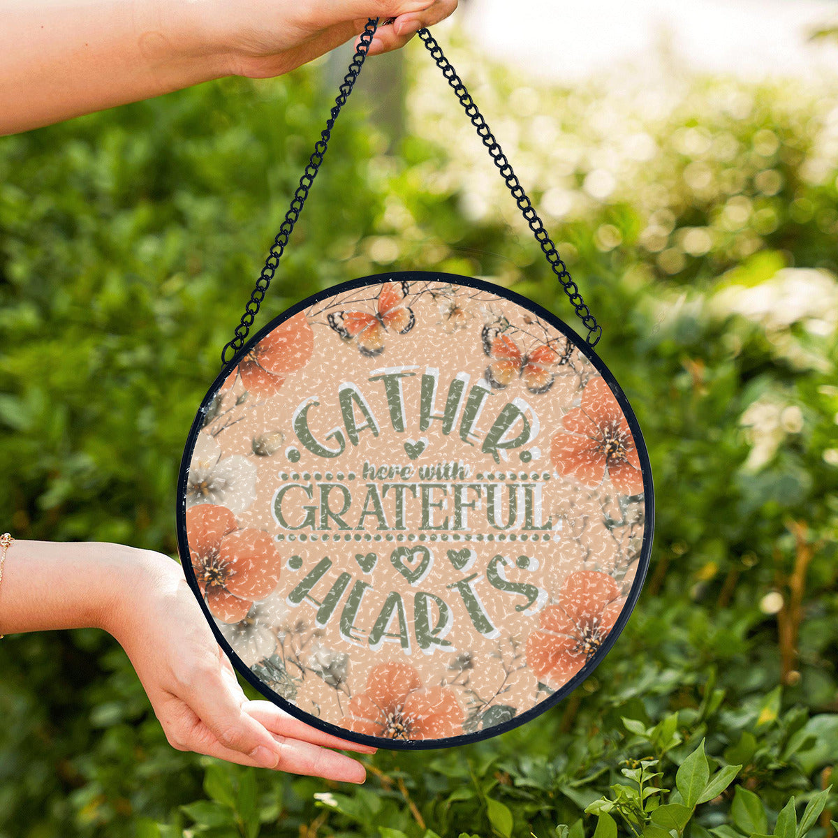 Gather Here with Grateful Hearts Stained Glass Suncatcher