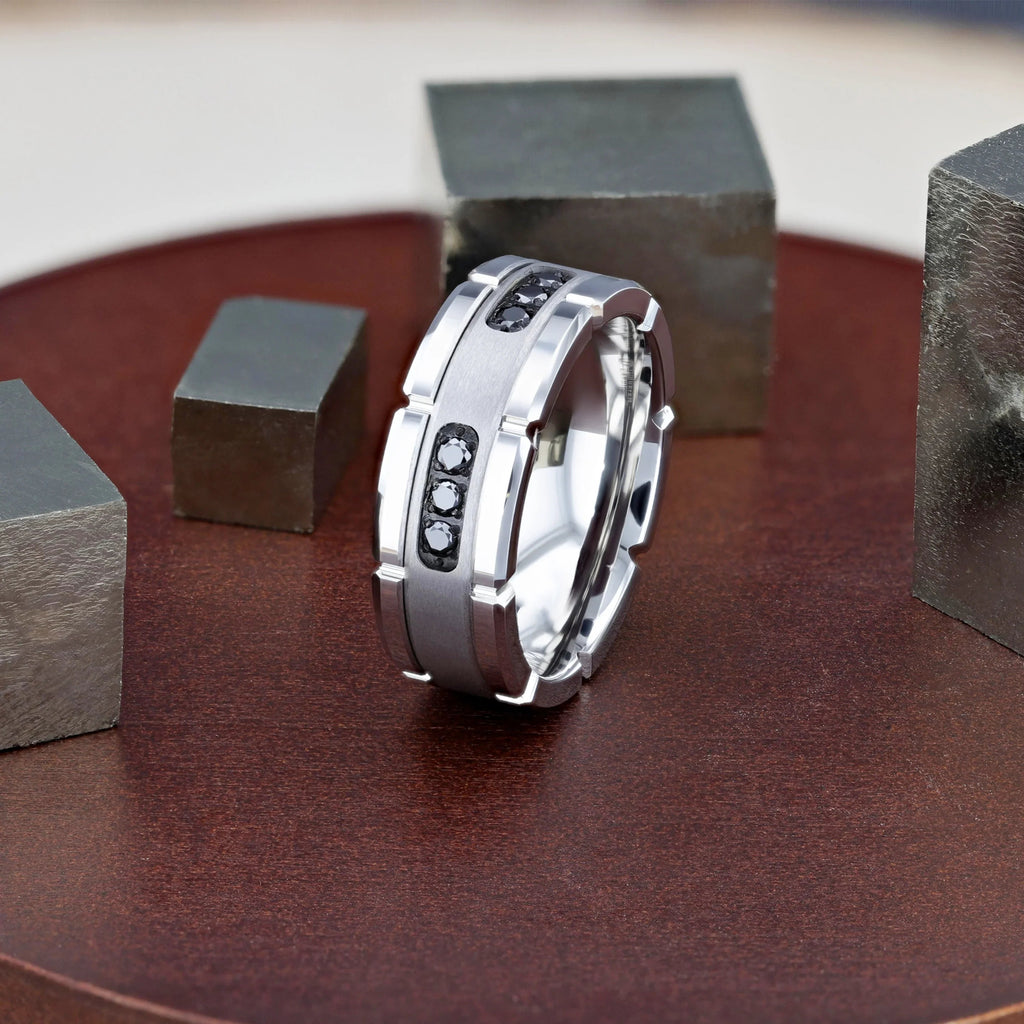 VALOR Grooved Tungsten Ring with Silver Inlay & Black Diamonds - 8mm
