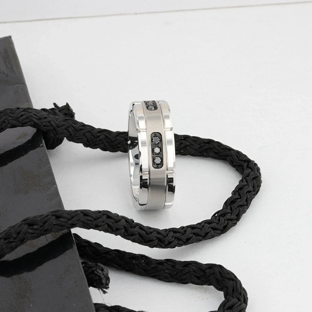 VALOR Grooved Tungsten Ring with Silver Inlay & Black Diamonds - 8mm
