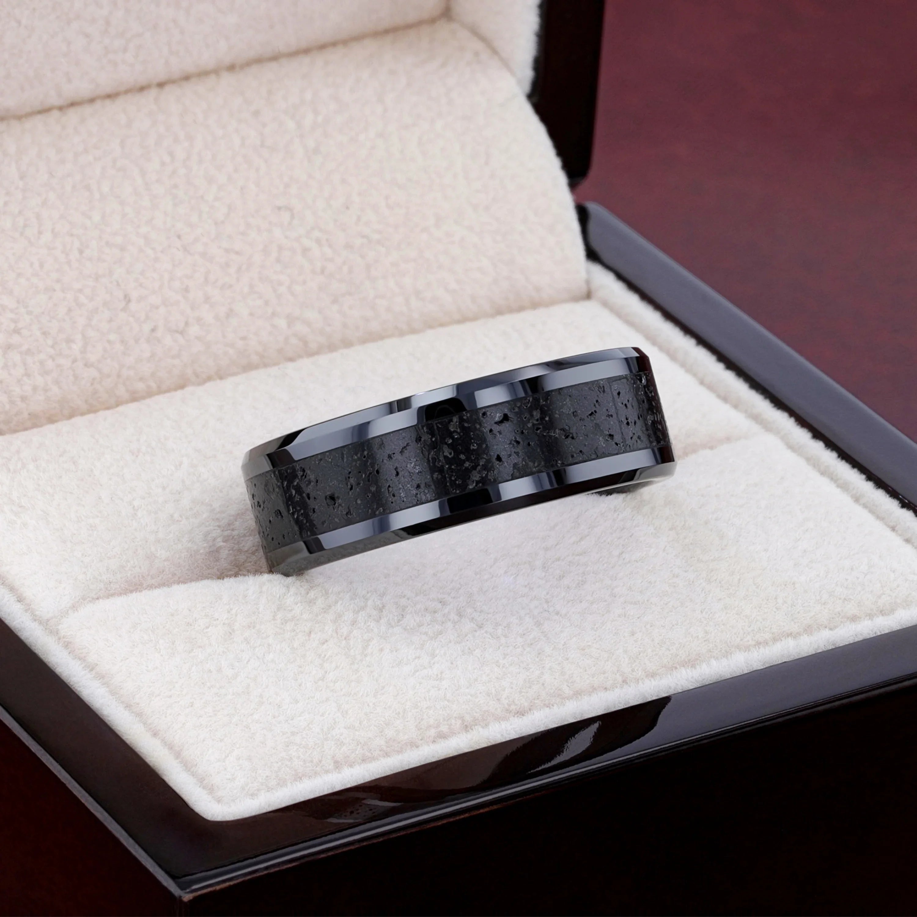 VESUVIUS Men’s Polished Black Ceramic Wedding Band with Black & Gray Lava Rock Stone Inlay & Polished Beveled Edges - 6mm & 8mm