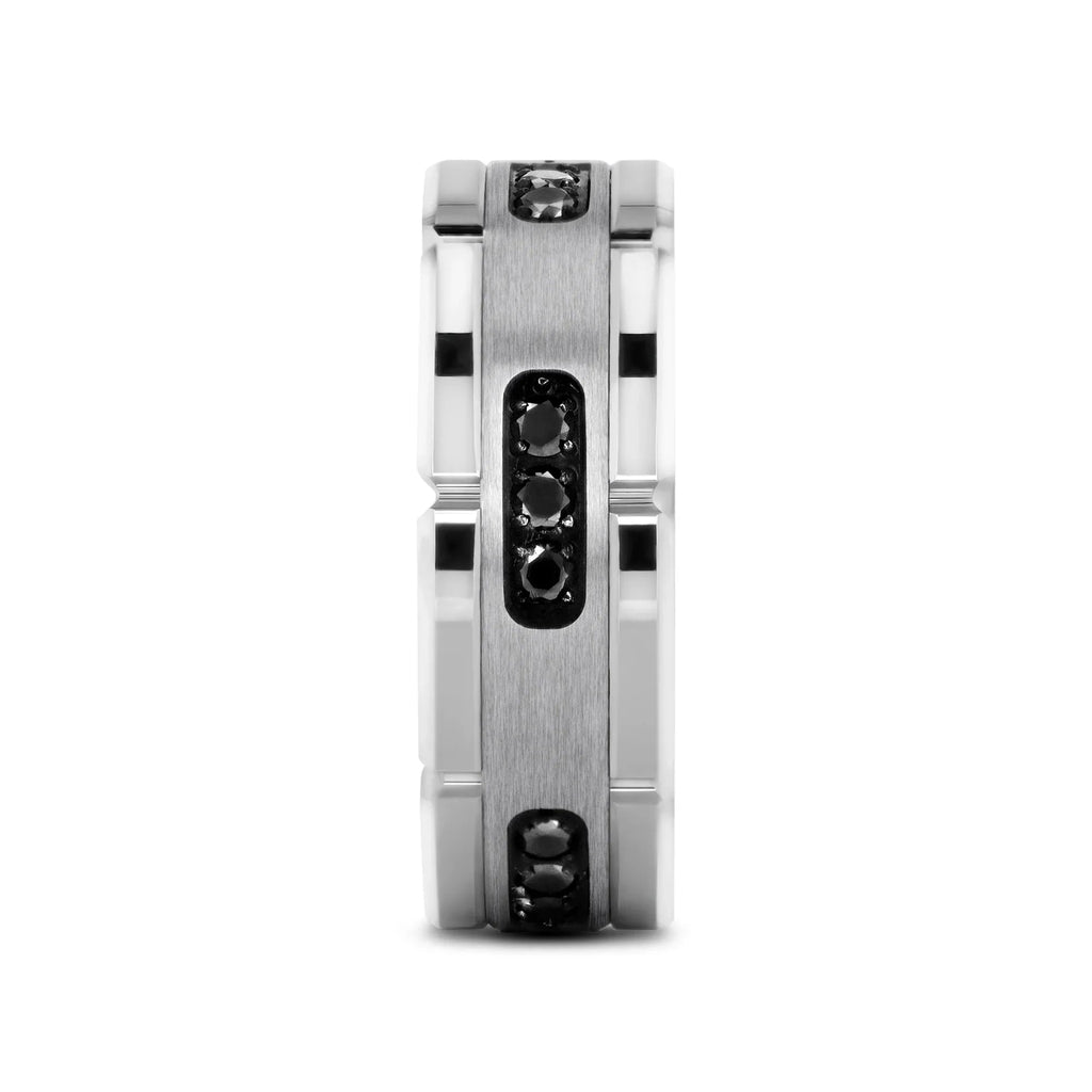 VALOR Grooved Tungsten Ring with Silver Inlay & Black Diamonds - 8mm