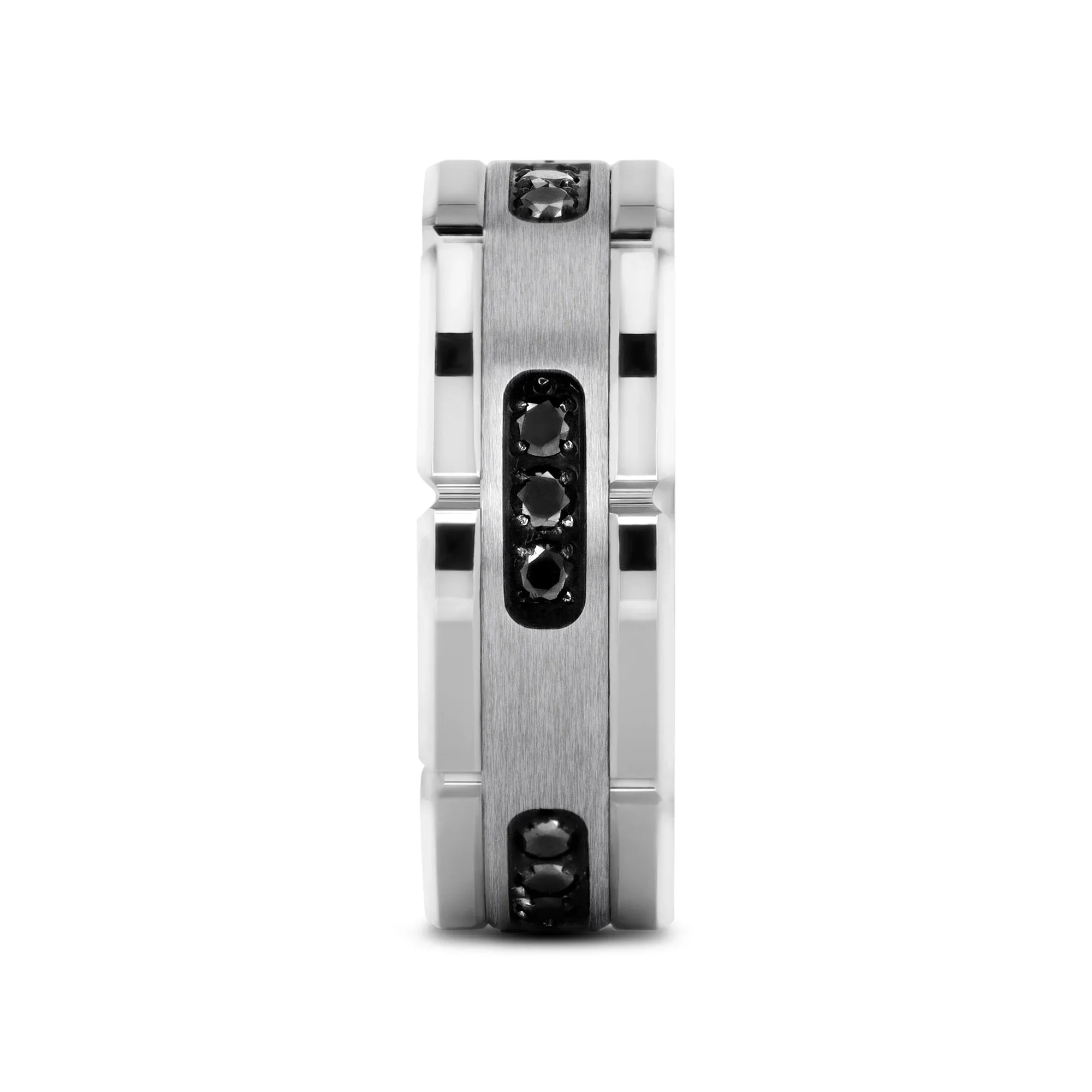 VALOR Grooved Tungsten Ring with Silver Inlay & Black Diamonds - 8mm