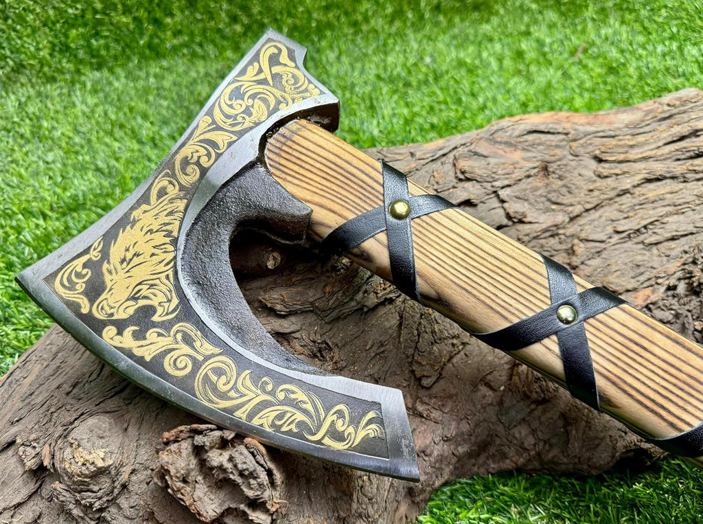 Viking Hatchet with Custom Handmade Engraved 1095 Steel Blade and Ash Wood Leather-Wrapped Handle – Battle Forge