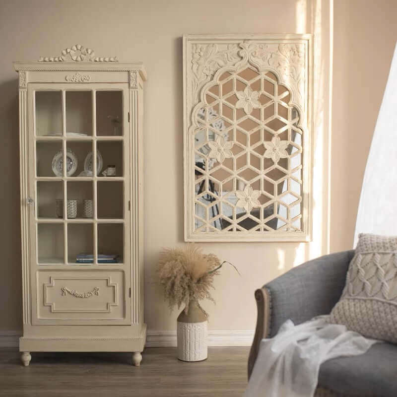 Vintage Cottagecore Floral Lattice Wall Mirror in Distressed White