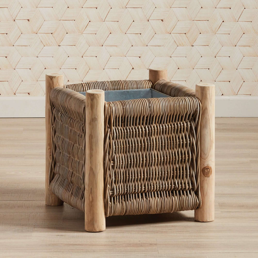 Vintage Rattan Planter with Teak Legs