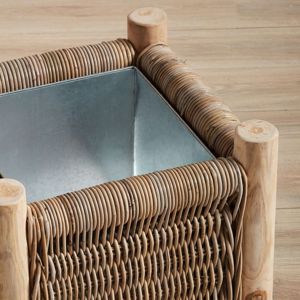 Vintage Rattan Planter with Teak Legs