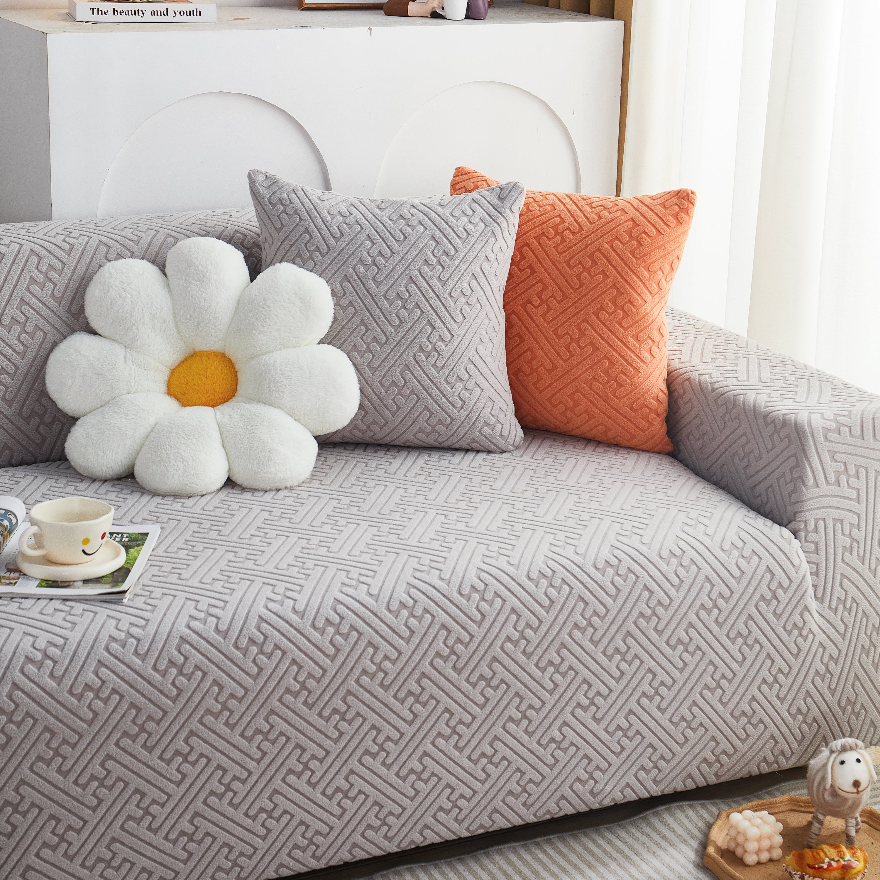 L Shape Sectional Sofa Cover Soft Stretch Furniture Protector Couch Slipcover with 1pcs Free Pillowcases