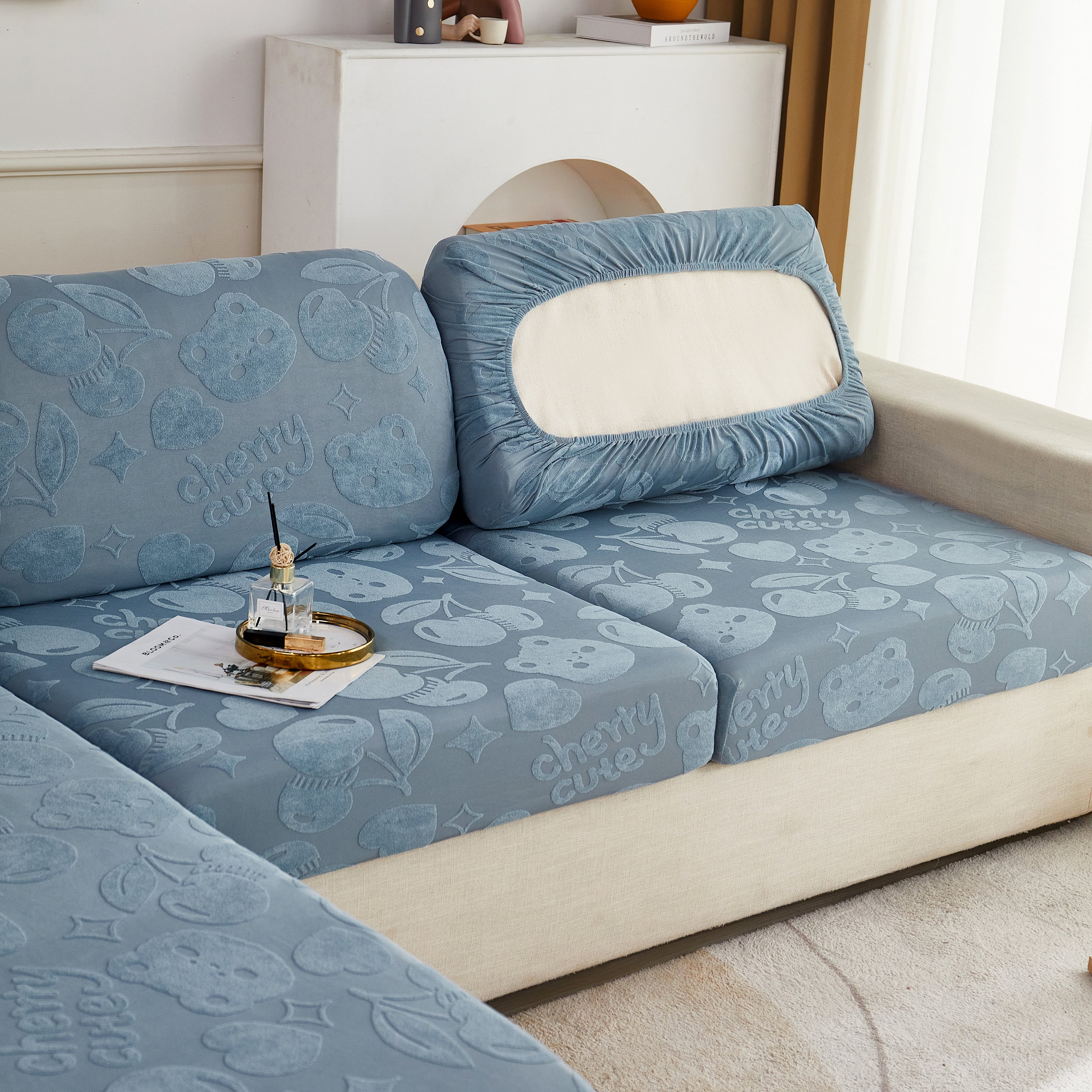 Cherry Cute Cooling Silk Fabric Stretch Couch Cushion Covers, Non-Slip Furniture Protector for Kids