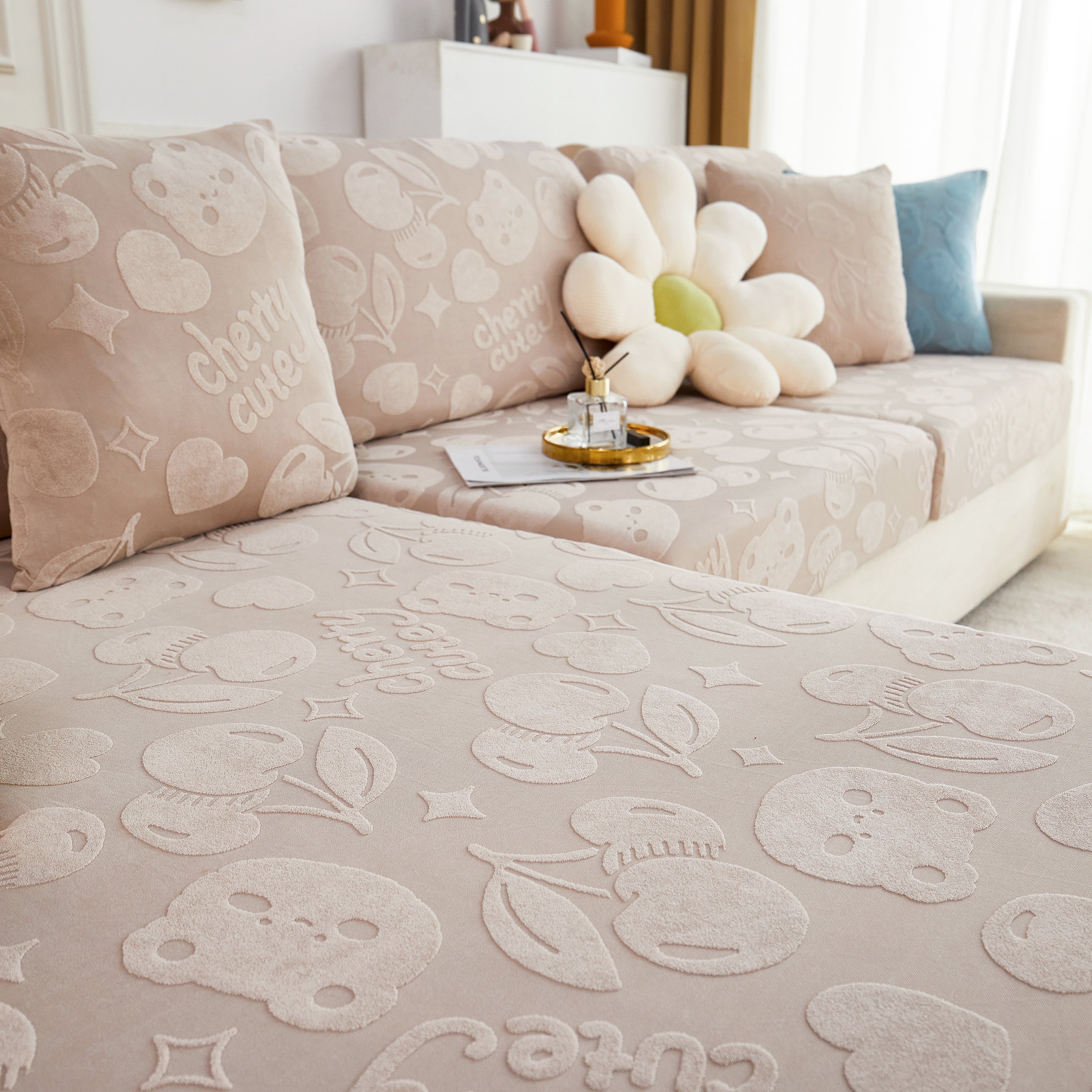 Cherry Cute Cooling Silk Fabric Stretch Couch Cushion Covers, Non-Slip Furniture Protector for Kids