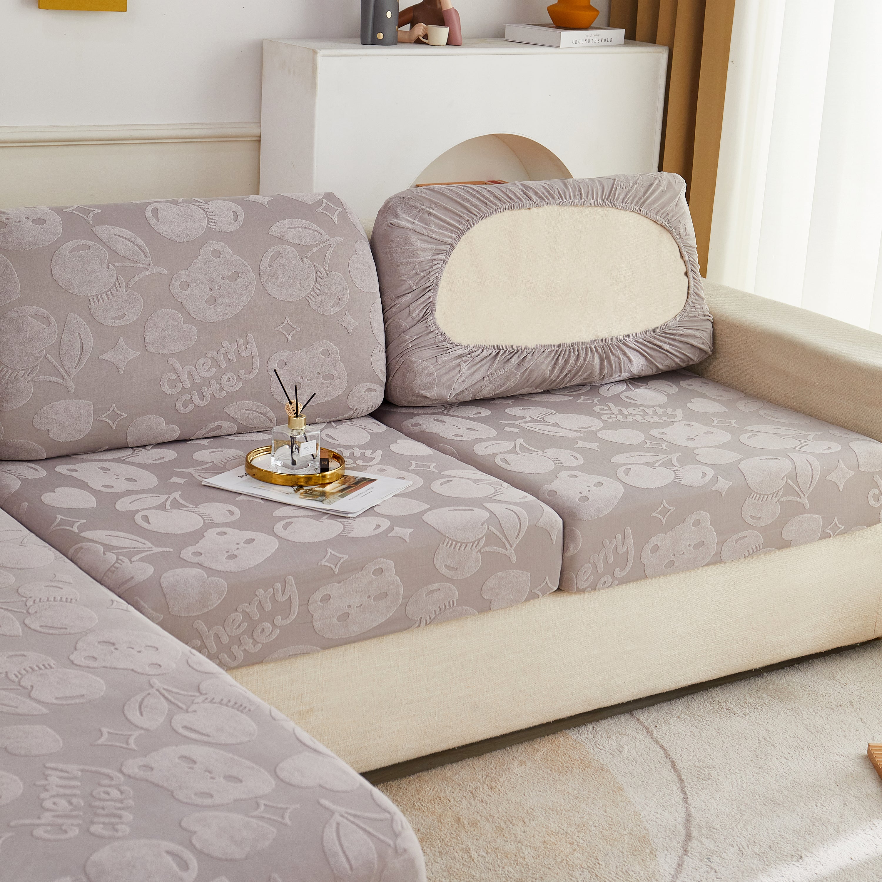 Cherry Cute Cooling Silk Fabric Stretch Couch Cushion Covers, Non-Slip Furniture Protector for Kids