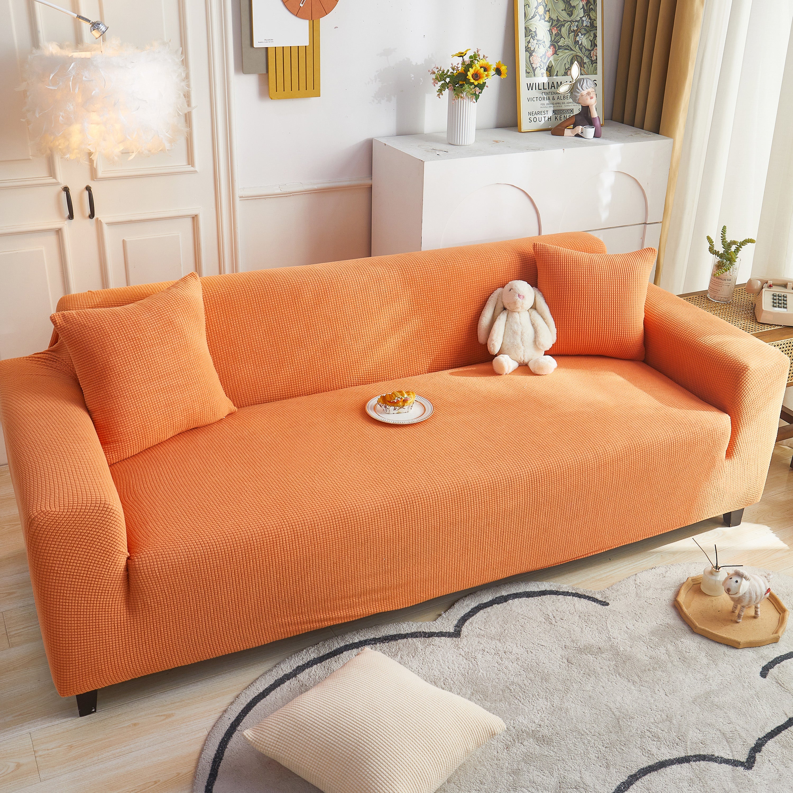 Grid Textured Stretch Sofa Cover, Soft Elastic Slipcover for Couch Protection