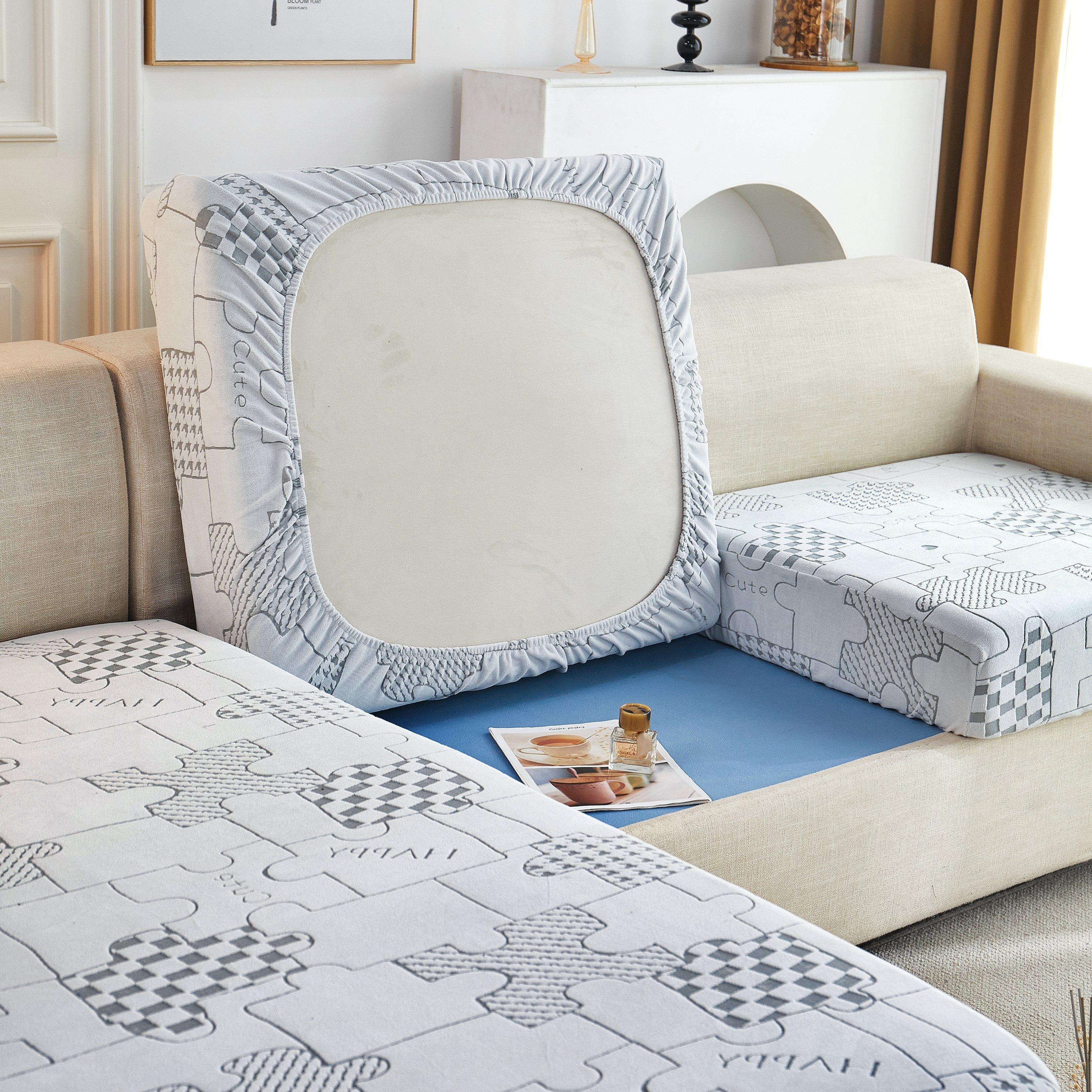 Happy Puzzle Jacquard Fleece Stretchable Cushion Cover, Non-Slip L Shaped Couch Covers for Pets