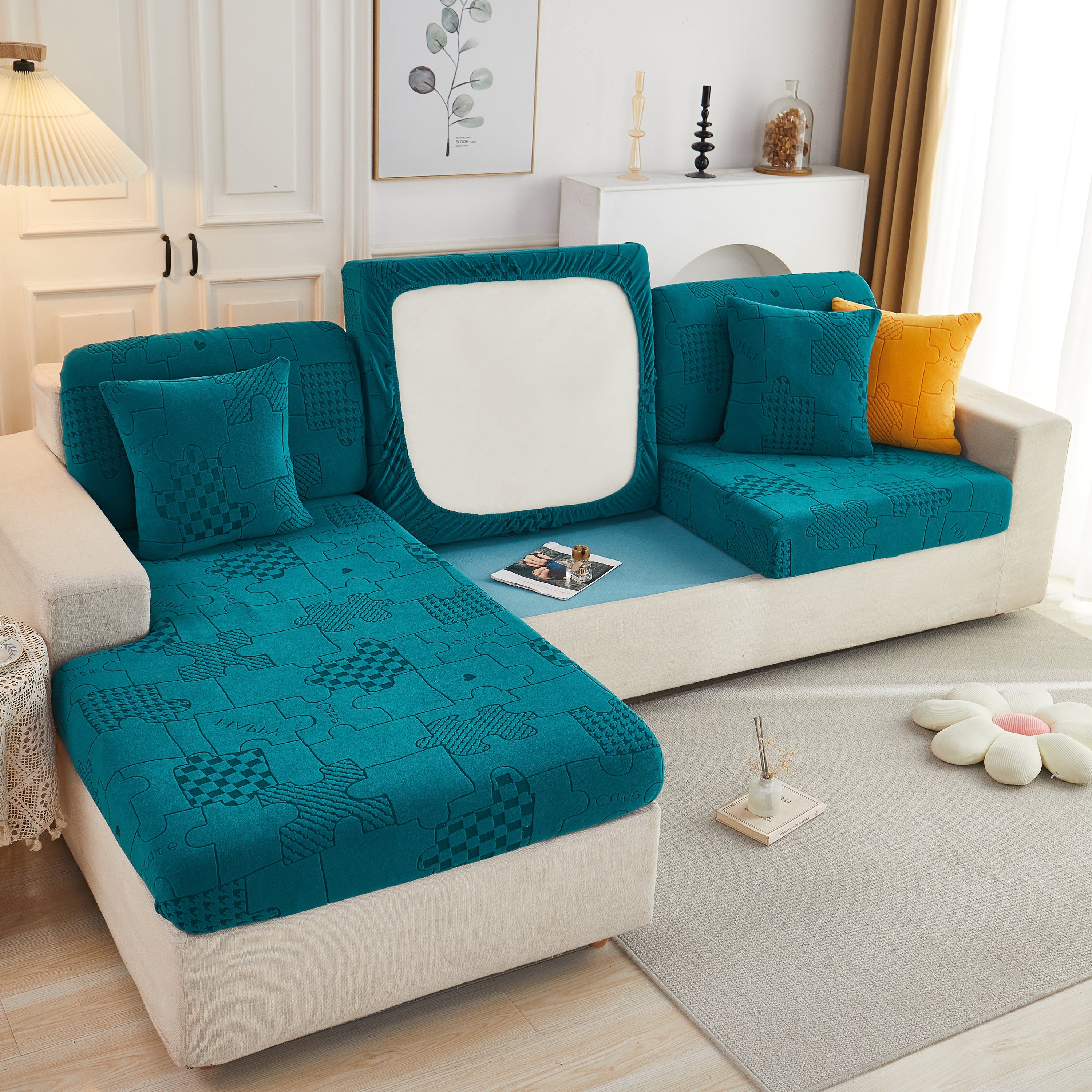 Happy Puzzle Jacquard Fleece Stretchable Cushion Cover, Non-Slip L Shaped Couch Covers for Pets