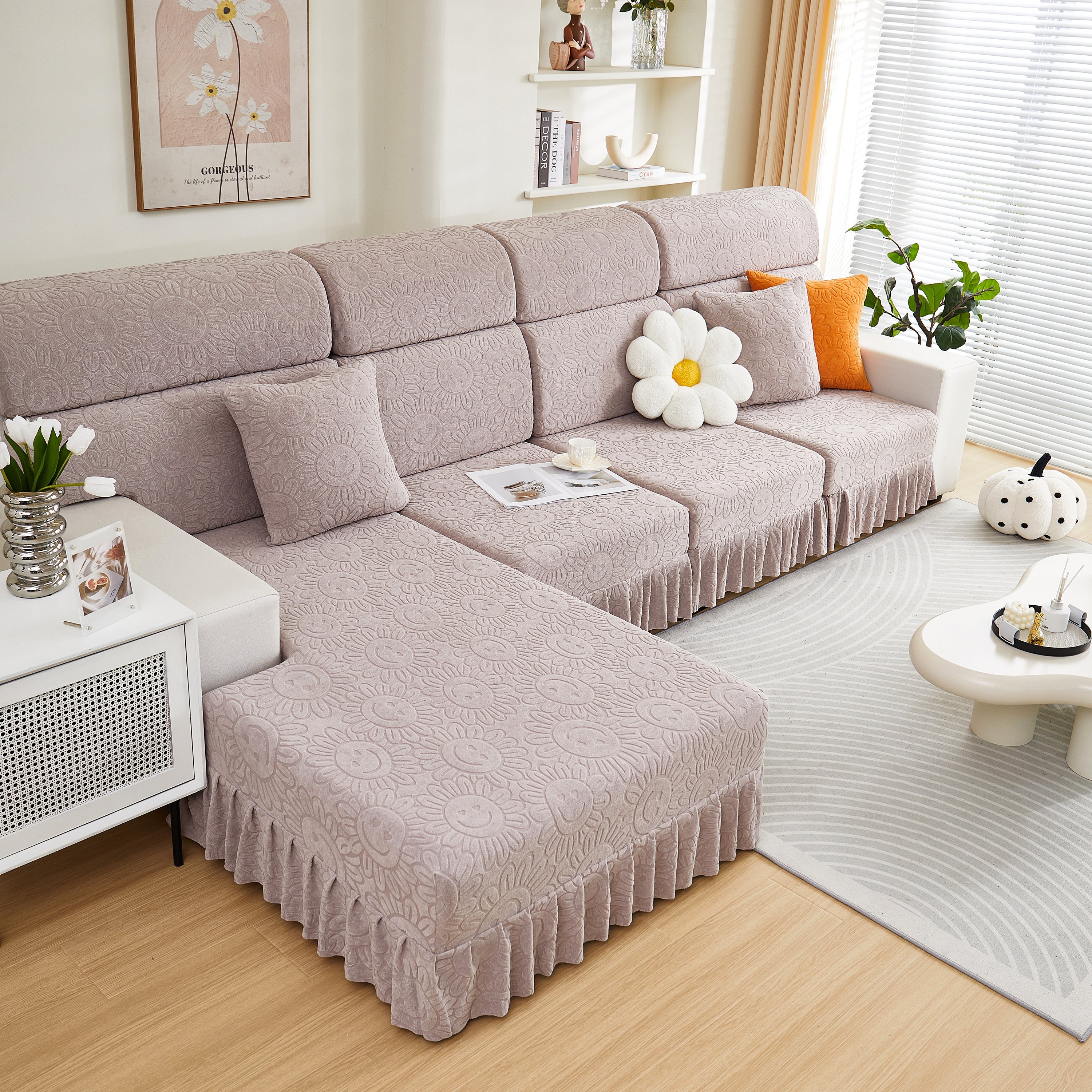Sofa Seat Cover, Sunflower Patterned Elastic Skirted Couch Cushion Covers for 1/2/3/4-Seater Sofas