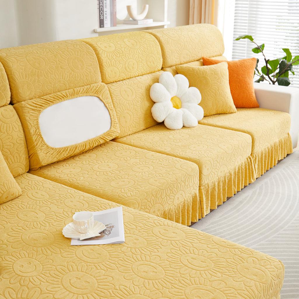 Sofa Seat Cover, Sunflower Patterned Elastic Skirted Couch Cushion Covers for 1/2/3/4-Seater Sofas