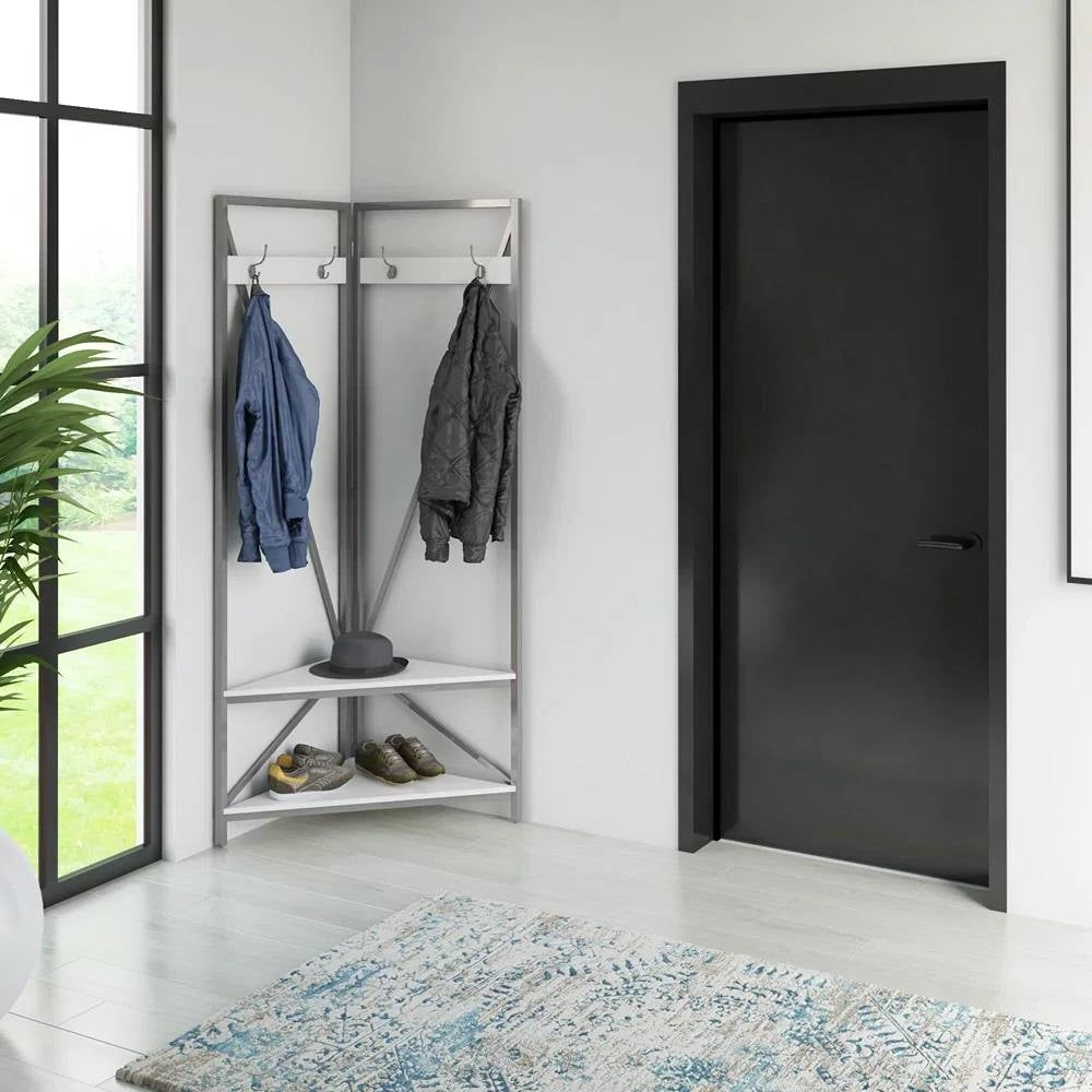 Modern Metal Hall Tree Coat Rack Shoe Storage Bench with White Seat and Shelf