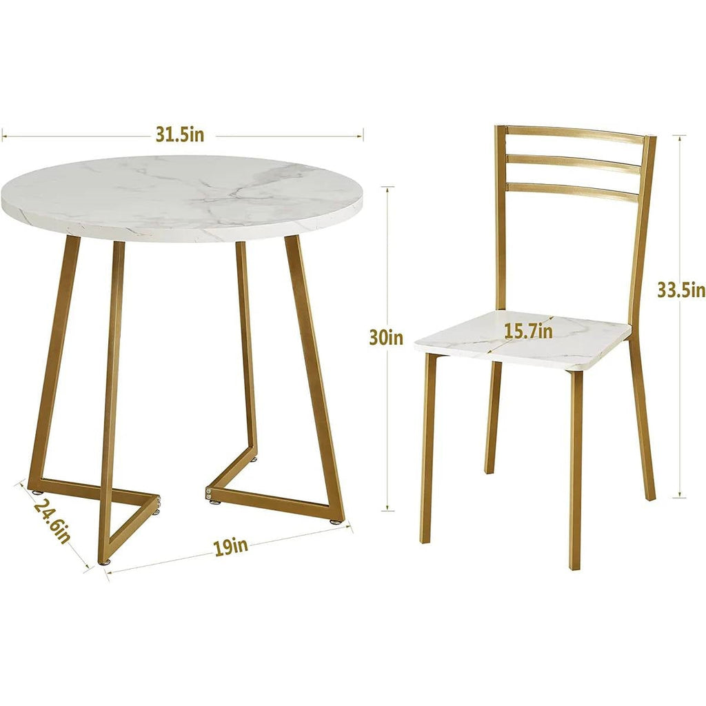 3-Piece Kitchen Dining Set with Round White Faux Marble-Top Table and 2 Chairs