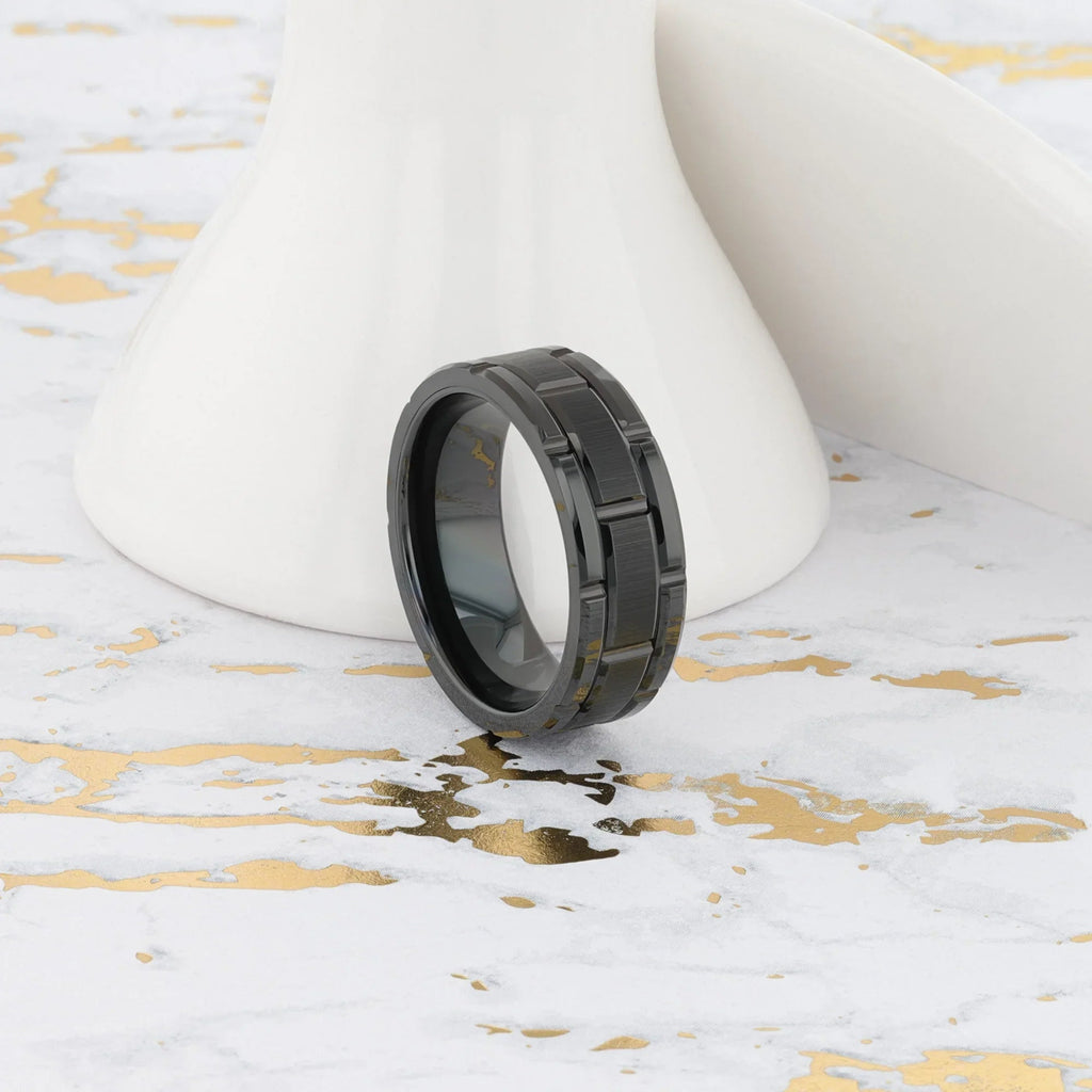 WINDSOR Beveled Black Tungsten Carbide Wedding Band with Brushed Center and Alternating Grooves – 8mm & 10mm