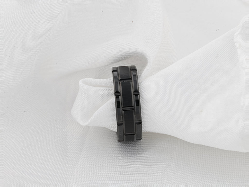 WINDSOR Beveled Black Tungsten Carbide Wedding Band with Brushed Center and Alternating Grooves – 8mm & 10mm