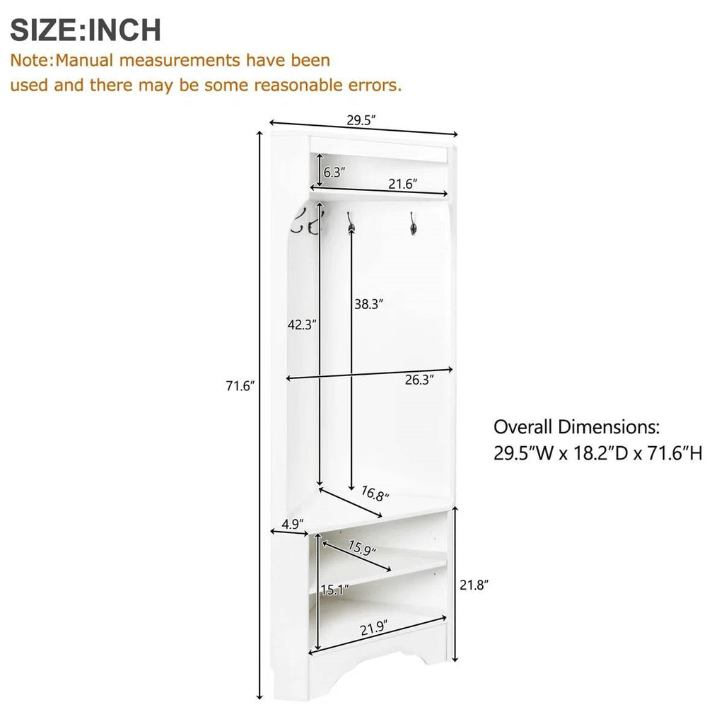 Modern White Corner Hall Tree Coat Rack Entryway Storage Cabinet Shoe Bench