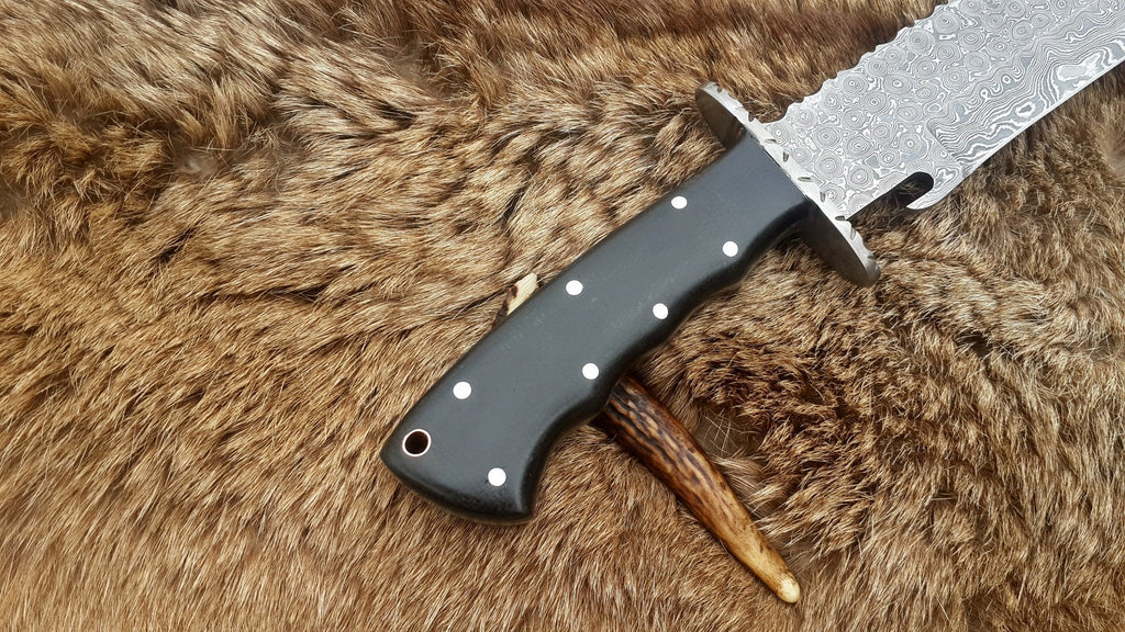 Custom Handmade Wild Pig Hunter Bowie Knife with Raindrops Damascus Steel Blade and Black Micarta Handle - 16 Inches
