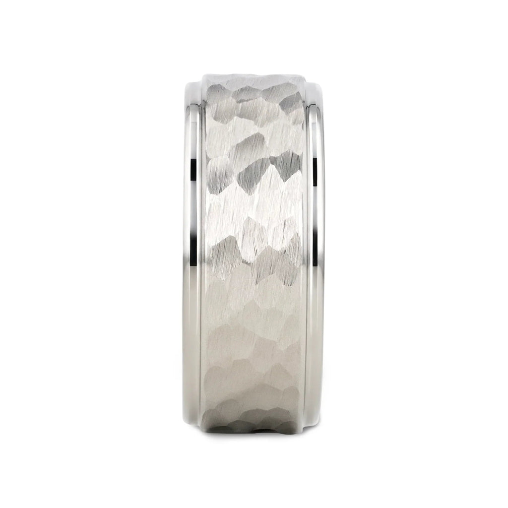 WINSTON White Tungsten Ring with Raised Hammered Finish and Polished Step Edges - 4mm - 10mm