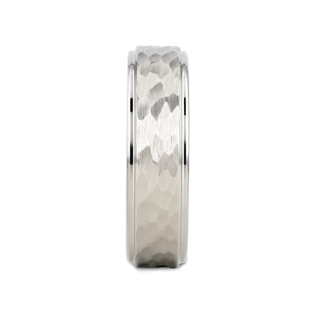WINSTON White Tungsten Ring with Raised Hammered Finish and Polished Step Edges - 4mm - 10mm