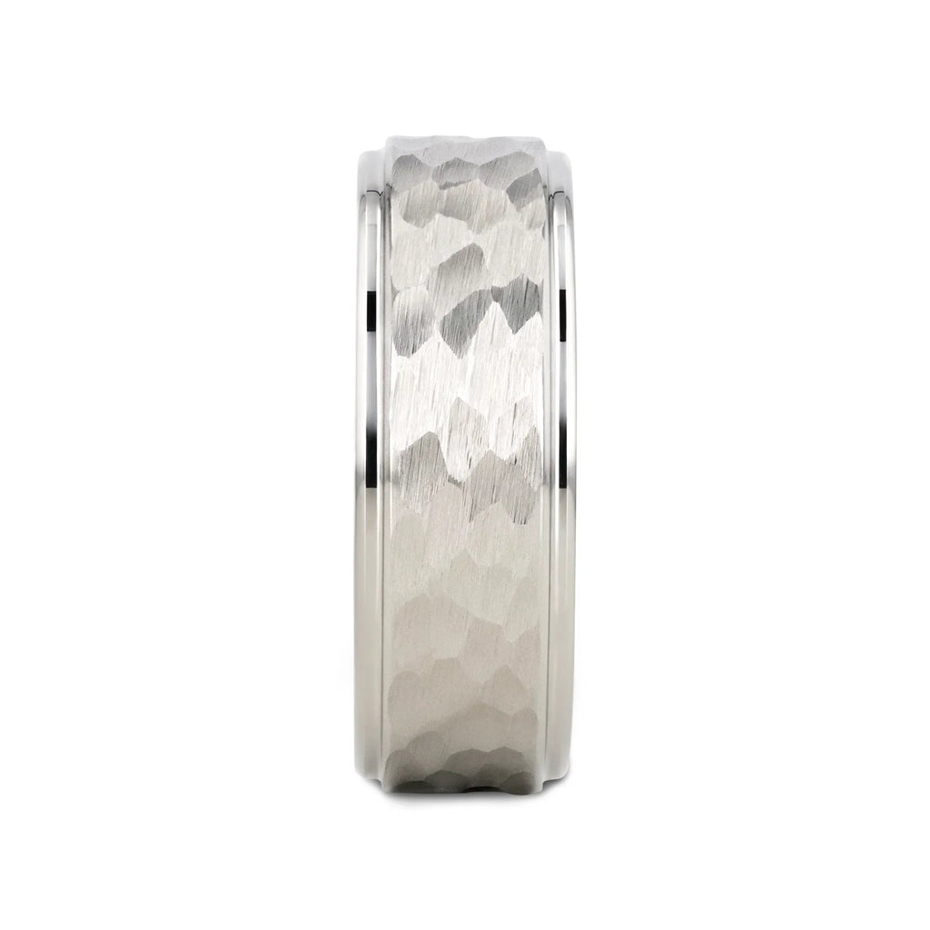 WINSTON White Tungsten Ring with Raised Hammered Finish and Polished Step Edges - 4mm - 10mm