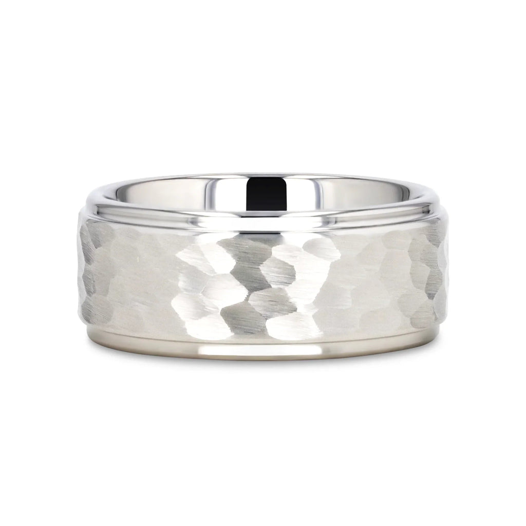 WINSTON White Tungsten Ring with Raised Hammered Finish and Polished Step Edges - 4mm - 10mm