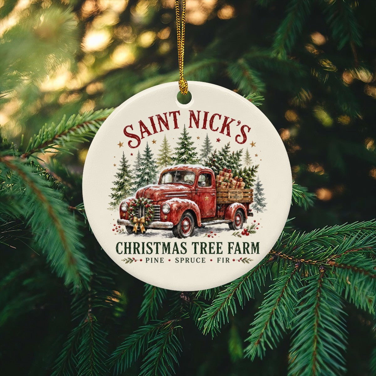 Vintage Pickup Saint Nick's Christmas Tree Farm Round Ceramic Ornament