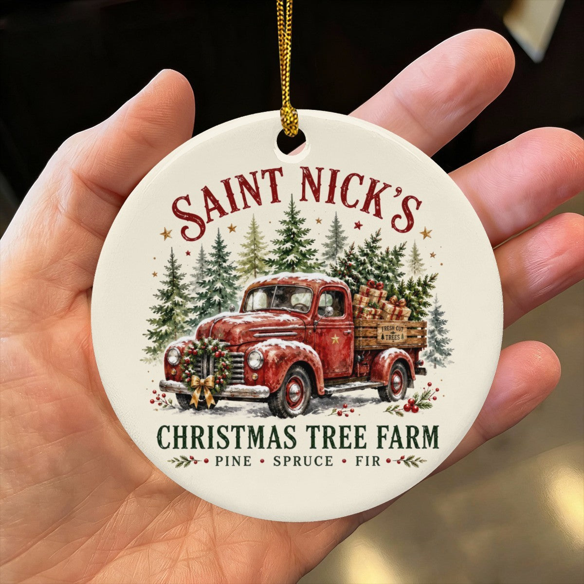 Vintage Pickup Saint Nick's Christmas Tree Farm Round Ceramic Ornament