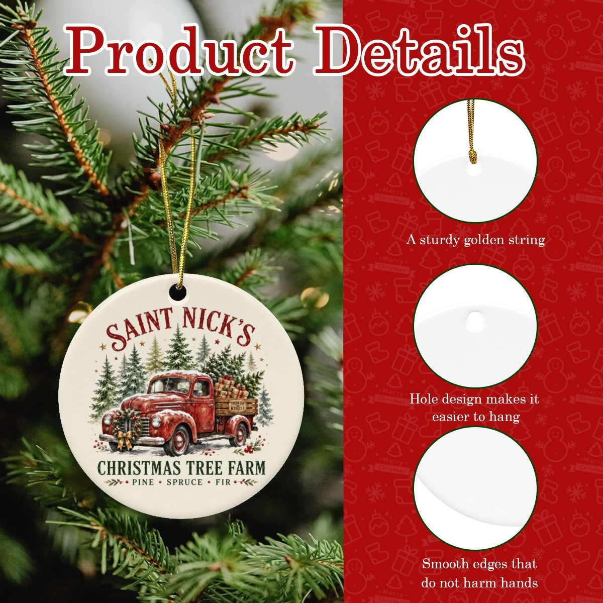 Vintage Pickup Saint Nick's Christmas Tree Farm Round Ceramic Ornament