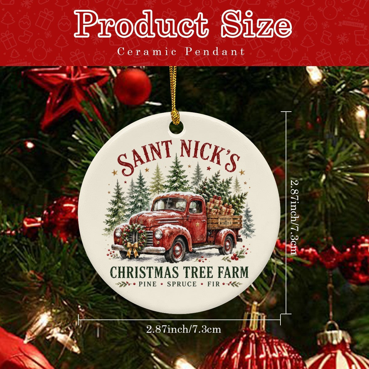 Vintage Pickup Saint Nick's Christmas Tree Farm Round Ceramic Ornament