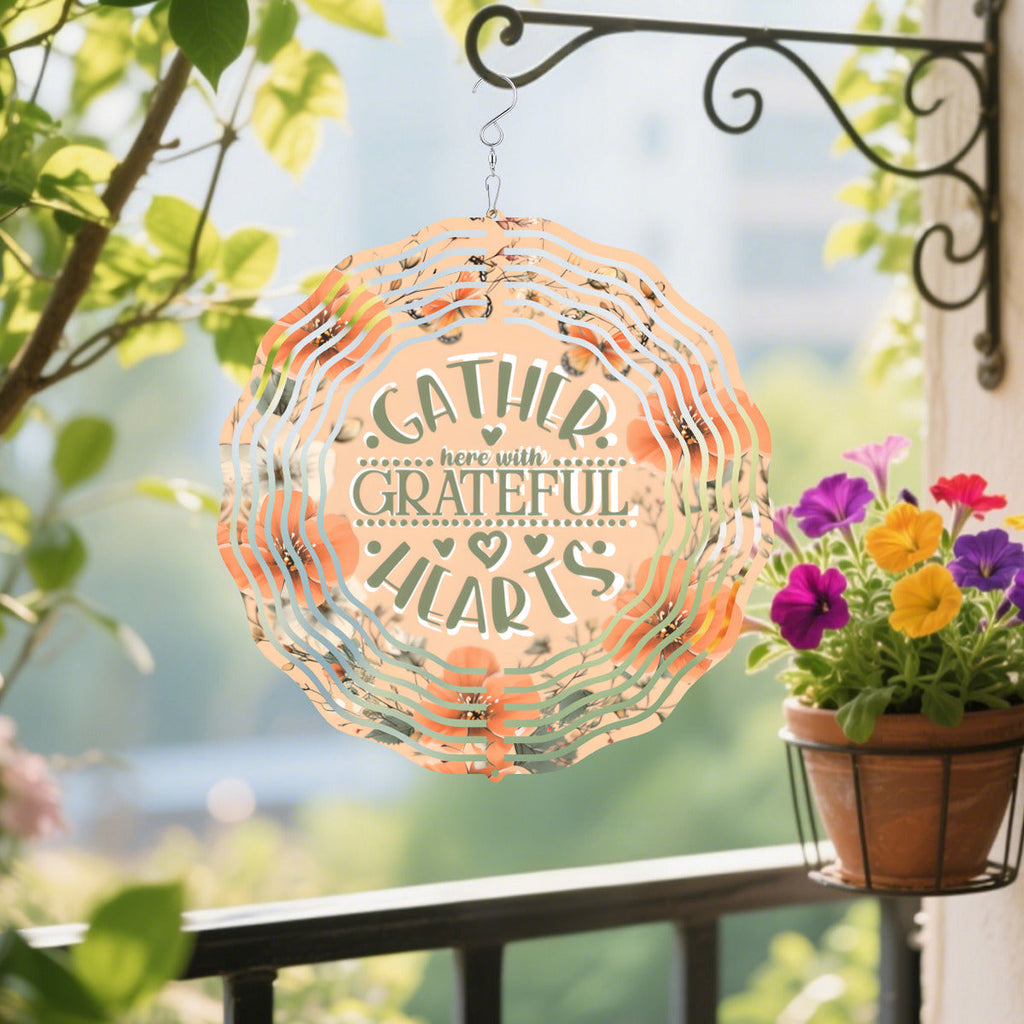 Gather Here with Grateful Hearts Orange Thanksgiving Wind Spinner Outdoor Decor