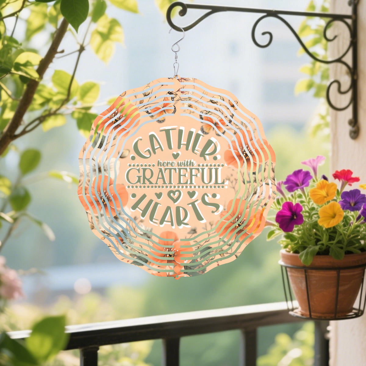 Gather Here with Grateful Hearts Orange Thanksgiving Wind Spinner Outdoor Decor