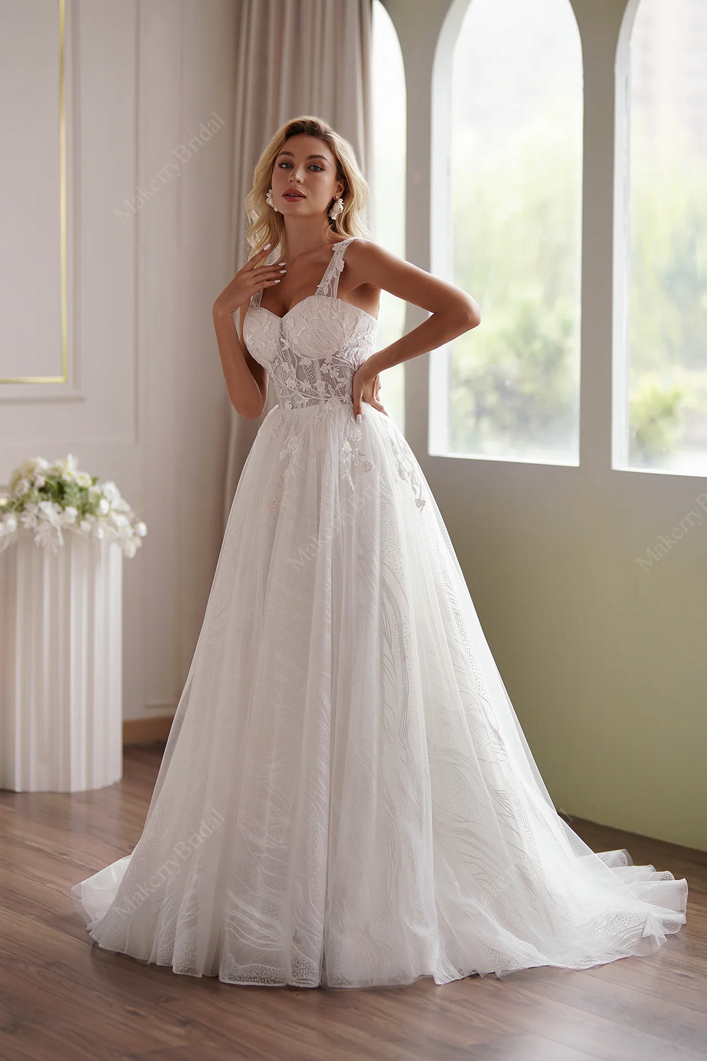 Romantic A-Line Lace Champagne Off-Shoulder Bridal Dress-Size 4-image-4