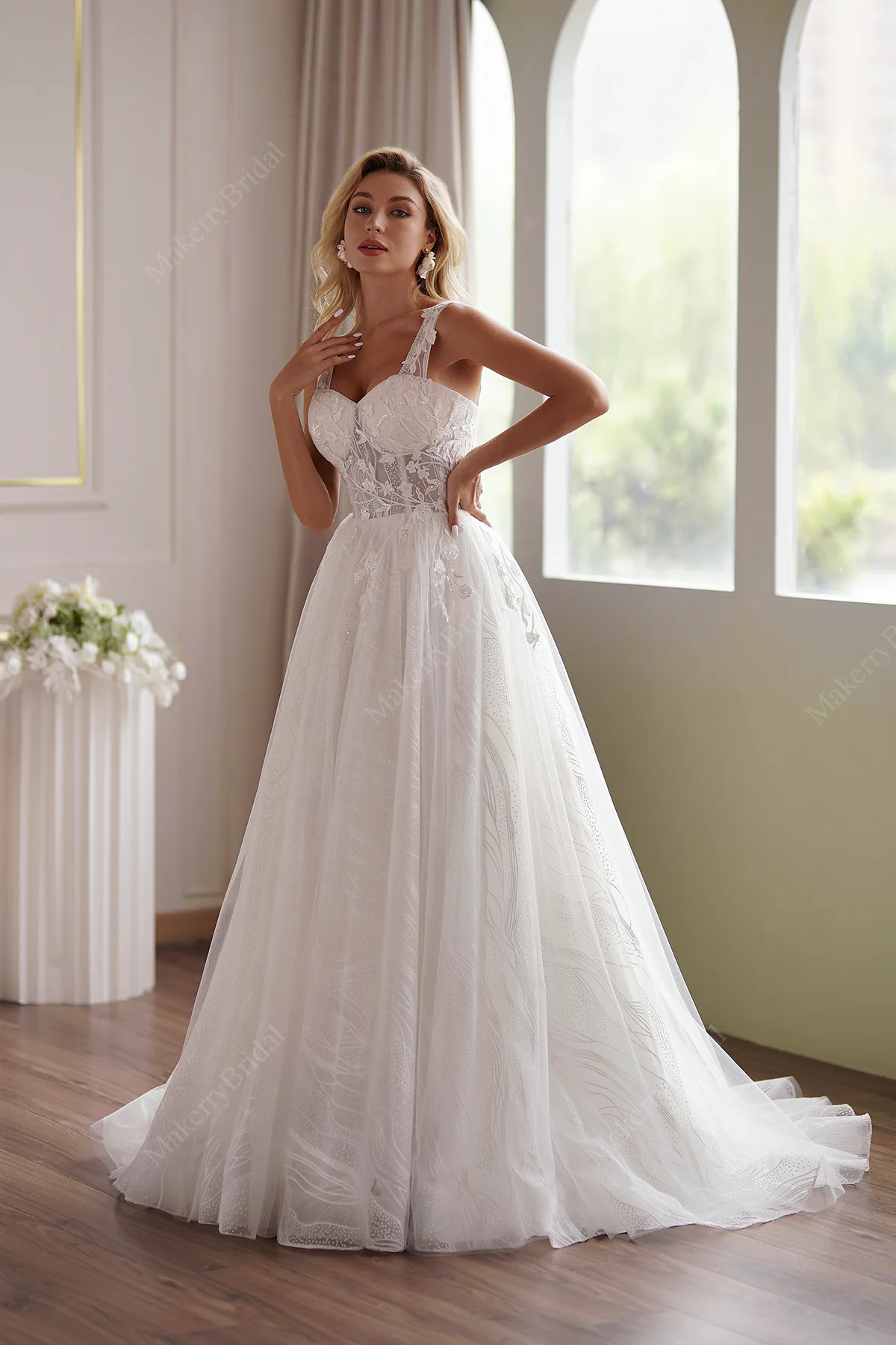 Romantic A-Line Lace Champagne Off-Shoulder Bridal Dress-Size 4-image-4